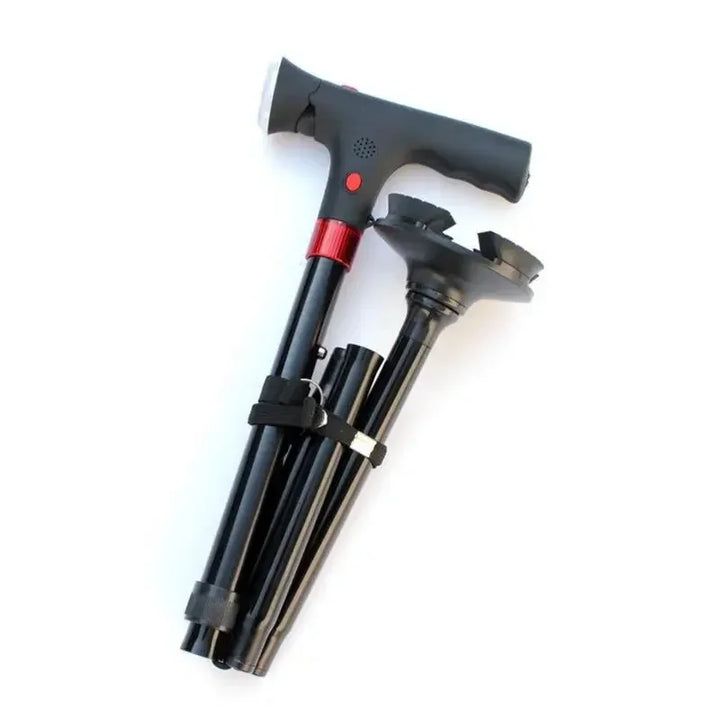 Premium Collapsible Telescopic Cane with LED Light & Alarm – Adjustable Elder Walking Stick with 4-Feet Base for Stability, 