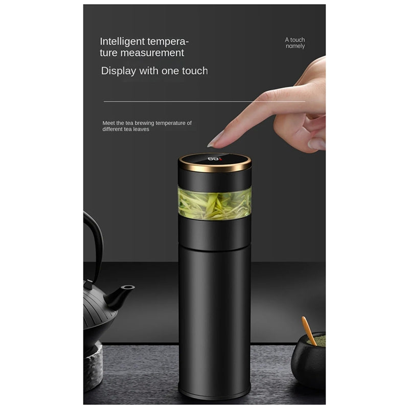Premium Stainless Steel Tea Infuser Thermos with LED Temperature Display – 450ML Insulated Coffee Mug with Tea Separation, 