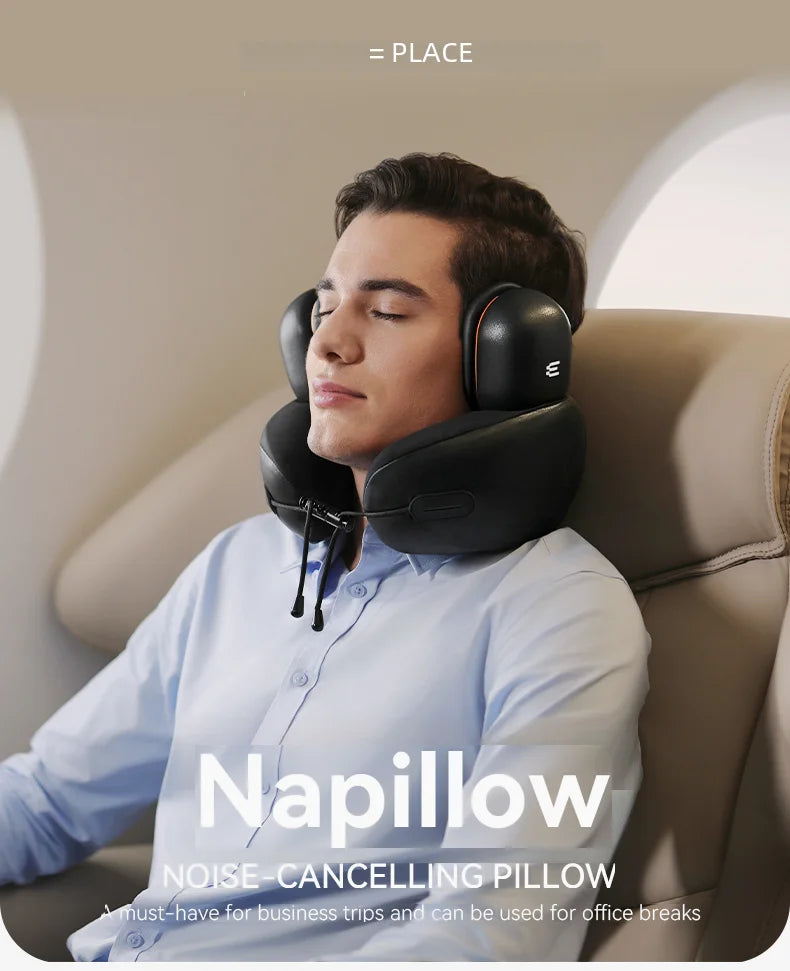 Premium U-Shaped Travel Neck Pillow – Noise Cancelling Memory Foam – Breathable Skin-Friendly Fabric – Detachable Earmuffs