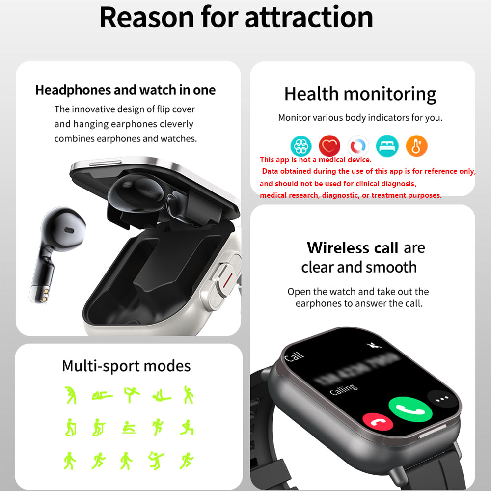 High Quality GPS Smartwatch with 2-in-1 TWS Earbuds – Bluetooth Call, Heart Rate, Blood Pressure & Health Monitoring, 