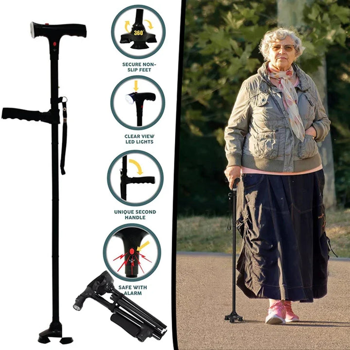 Premium Adjustable Walking Cane – Folding Elderly Cane with Non-Slip Rubber Foot Pads, Comfortable Macromolecule Handle, 
