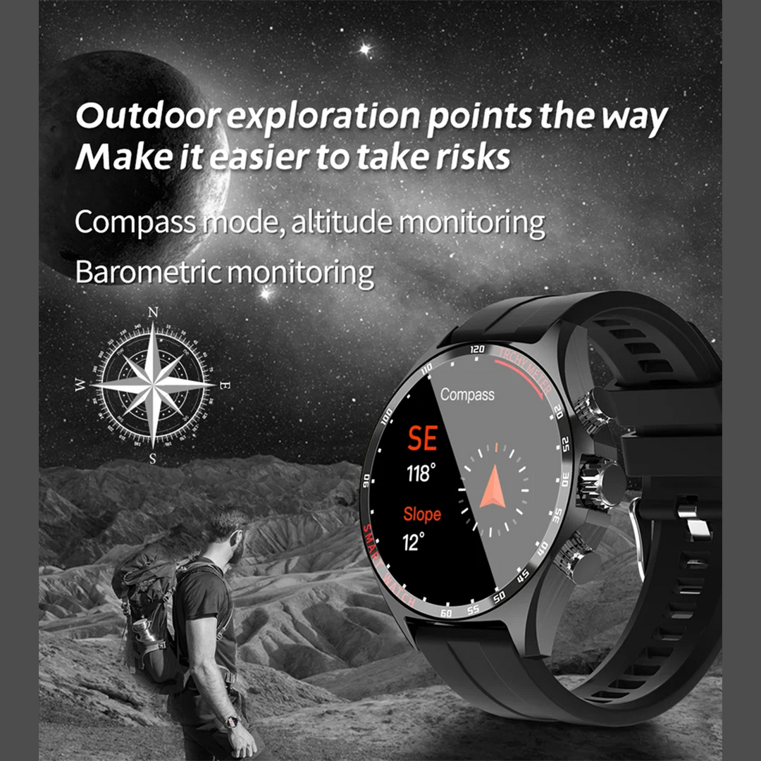 Premium Outdoor Sports GPS Smart Watch for Men – Bluetooth Call, HD AMOLED Screen, Health Monitoring, Compass, IP68 Waterproof, Multi-Sport Mode, Sleep & Blood Oxygen Monitoring, Music Control - StrengthXPhysiotherapy