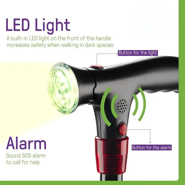 Premium Collapsible Telescopic Cane with LED Light & Alarm – Adjustable Elder Walking Stick with 4-Feet Base for Stability, 