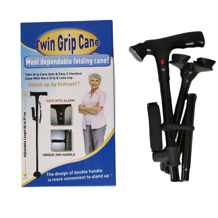 Premium Collapsible Telescopic Cane with LED Light & Alarm – Adjustable Elder Walking Stick with 4-Feet Base for Stability, 