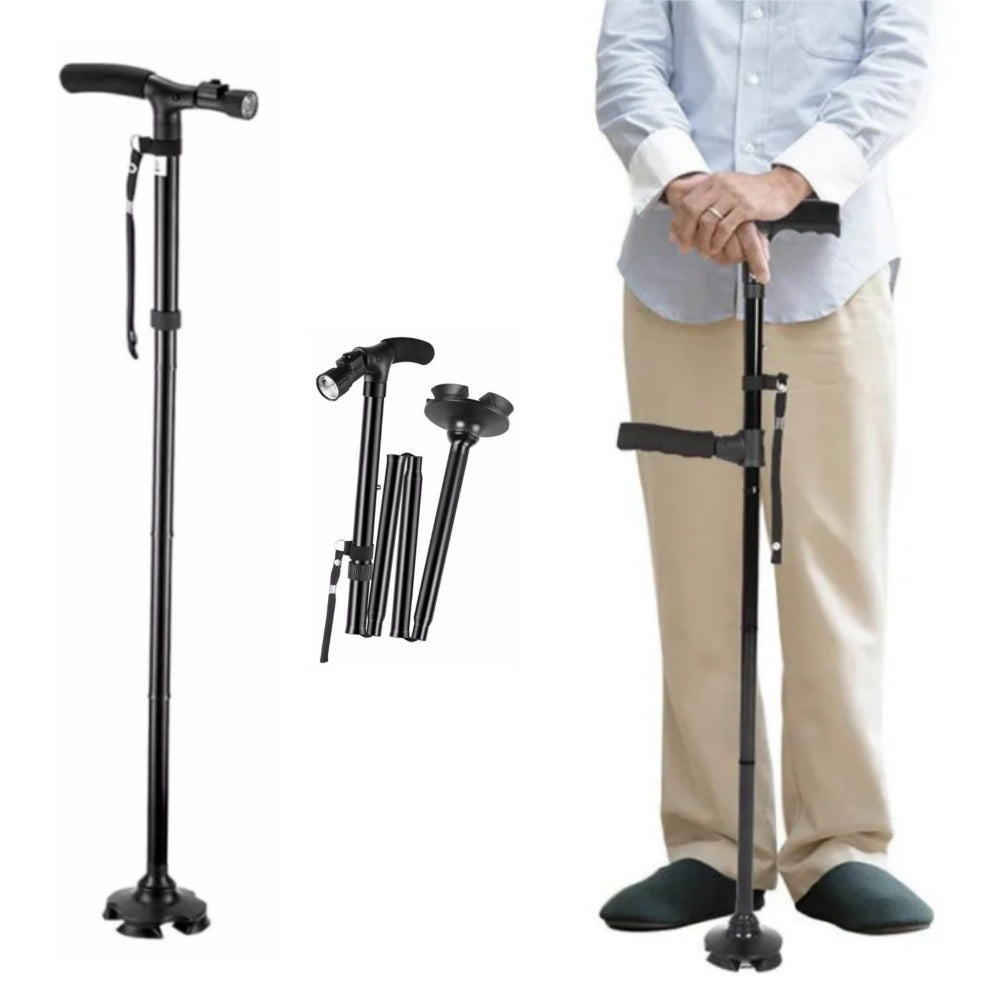 Premium Collapsible Telescopic Elder Cane – LED Walking Stick, Adjustable Folding Crutch for Seniors, Shock Absorber System, 