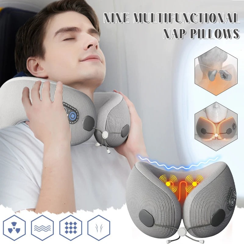 Premium U-Shaped Travel Pillow – Heated Massage Memory Foam Neck Pillow for Airplanes, Ergonomic Design for Pain Relief and Comfortable Sleeping, 3 Adjustable Modes, Portable and Rechargeable - StrengthXPhysiotherapy