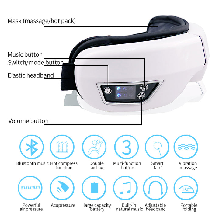 Premium Foldable Eye Massager – Vibration Airbag Pressure with Hot Compress and Bluetooth Music, Relieves Eye Fatigue