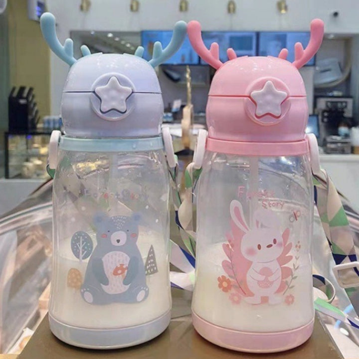 Premium Kids Antler Straw Water Bottle – Large Capacity, High-Quality Plastic, Leak-Proof Design, Cute Deer-Inspired Look, 