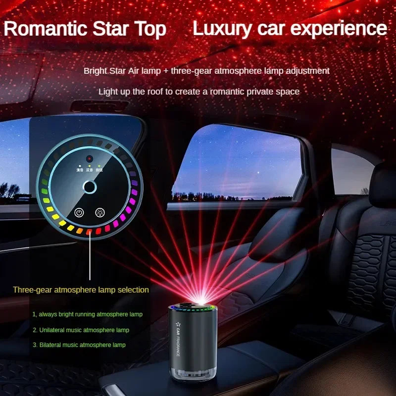 Premium 3-in-1 Car Air Freshener – Aromatherapy Essential Oil Diffuser with Adjustable Starry Sky Light, Music Rhythm Display