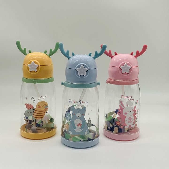 Premium Kids Antler Straw Water Bottle – Large Capacity, High-Quality Plastic, Leak-Proof Design, Cute Deer-Inspired Look, 