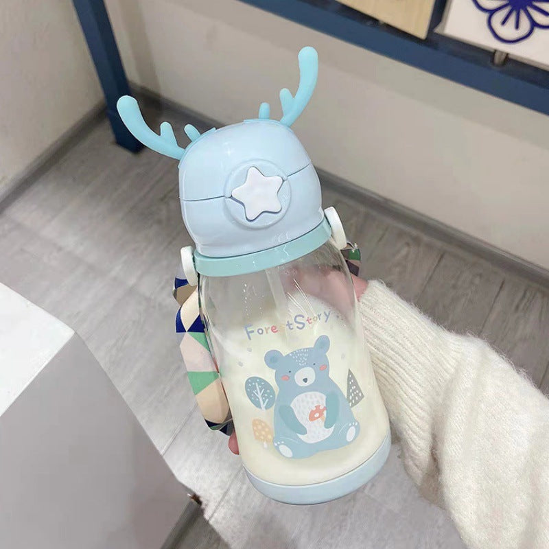 Premium Kids Antler Straw Water Bottle – Large Capacity, High-Quality Plastic, Leak-Proof Design, Cute Deer-Inspired Look, 