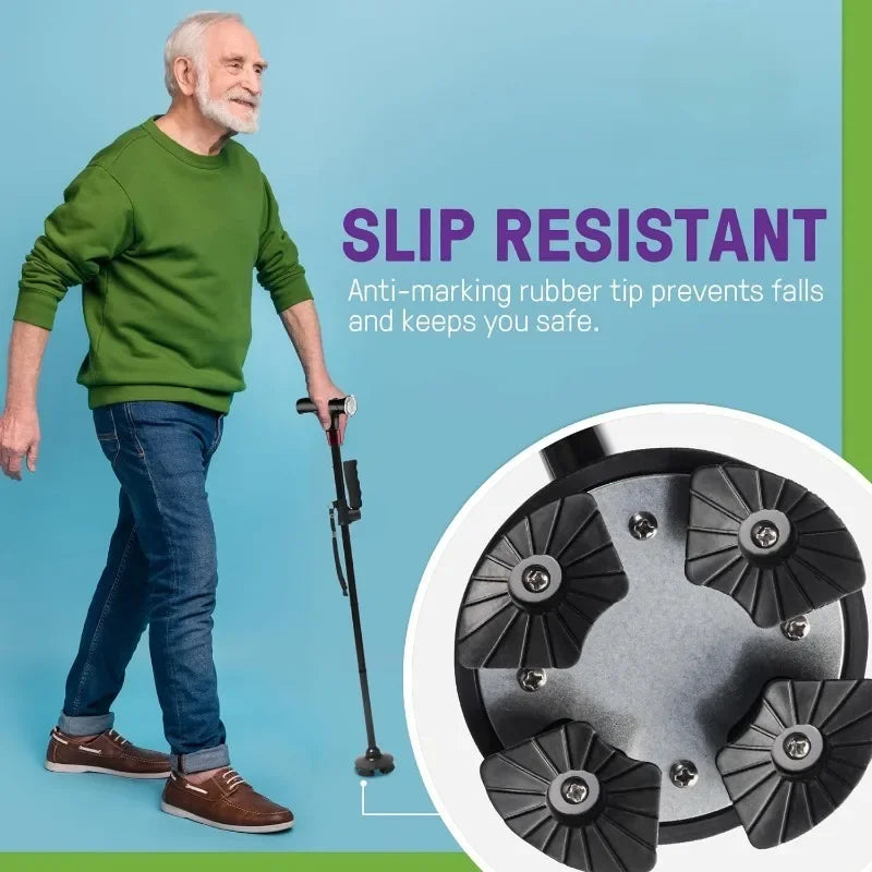 Premium Collapsible Telescopic Cane with LED Light & Alarm – Adjustable Elder Walking Stick with 4-Feet Base for Stability, 