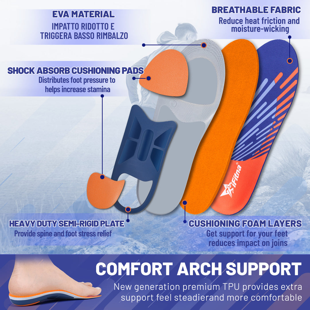 Premium High Arch Support Orthopedic Insoles for Plantar Fasciitis Relief, Cushioning Foot Inserts for Flat Feet, Deep Heel 