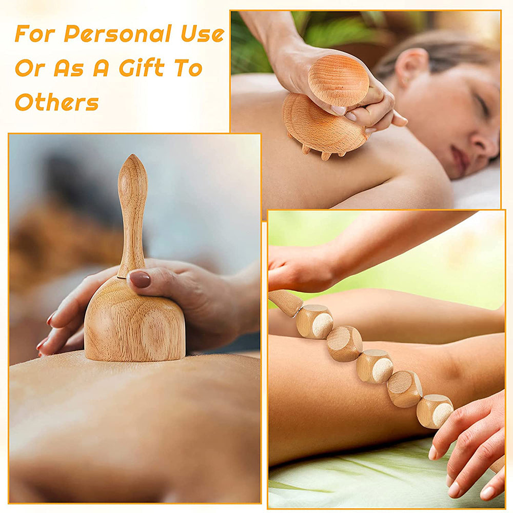 Premium 6-in-1 Wood Therapy Massage Tool Set for Lymphatic Drainage, Anti-Cellulite Fascia Massage Roller, Muscle Relaxation