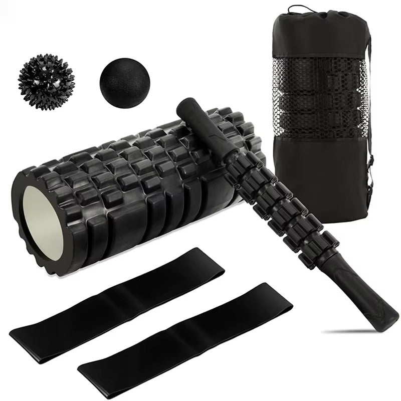 Premium 6-in-1 Yoga Training Kit for Fitness, Pilates & Muscle Recovery, Includes Foam Roller, Massage Stick, Tension Band & 2 Massage Balls for Flexibility & Pain Relief - StrengthXPhysiotherapy