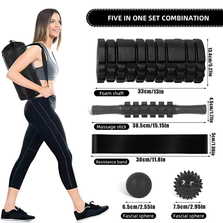 Premium 6-in-1 Yoga Training Kit for Fitness, Pilates & Muscle Recovery, Includes Foam Roller, Massage Stick, Tension Band & 2 Massage Balls for Flexibility & Pain Relief - StrengthXPhysiotherapy