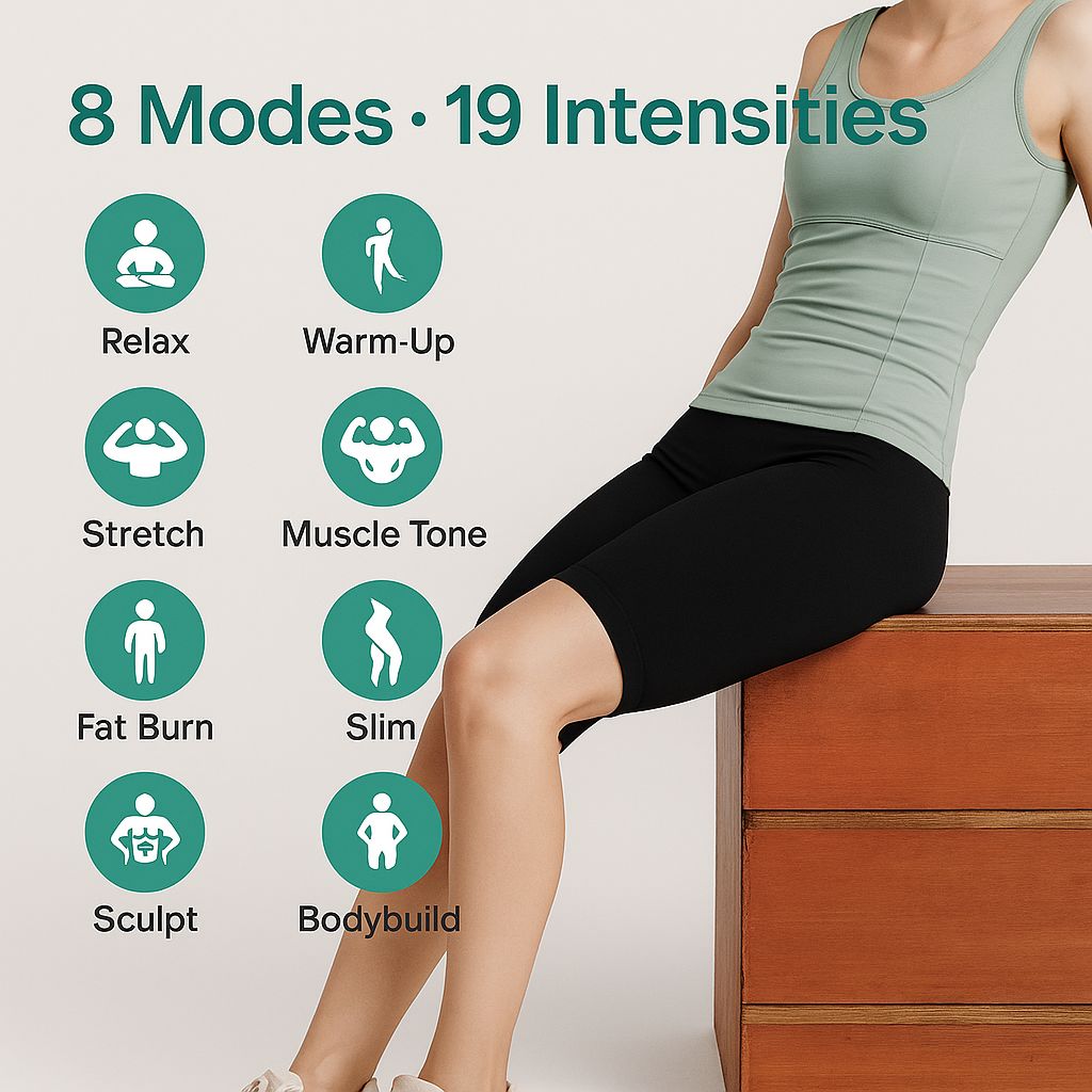 Woman in workout attire with fitness mode icons on a light background