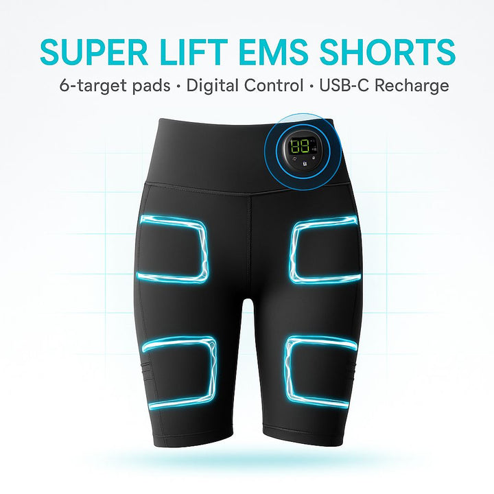 Black EMS shorts with digital display and blue glowing lines on a white background