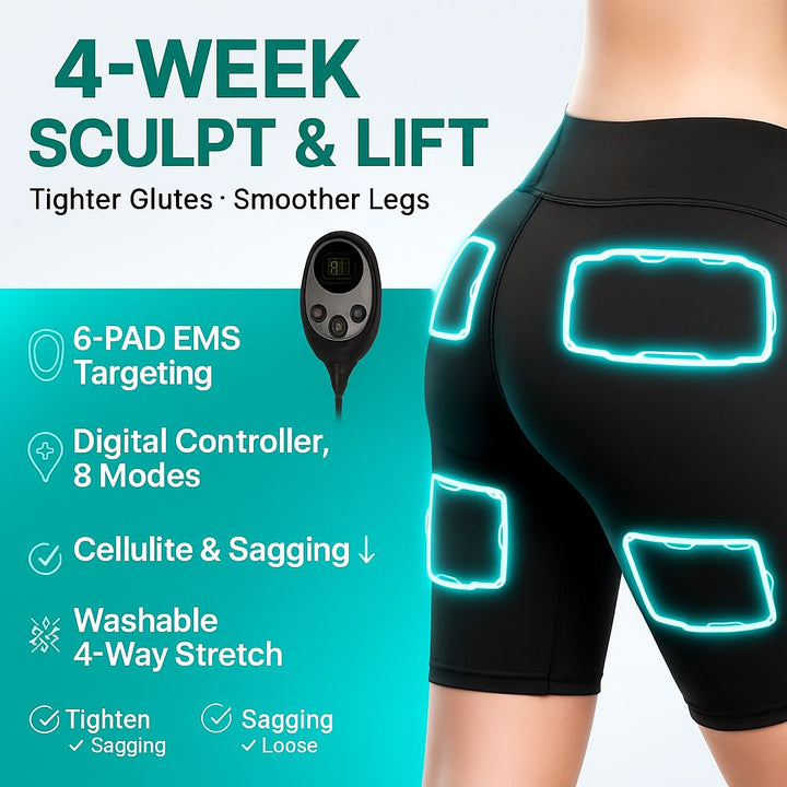 EMS muscle toning device with digital controller and glowing pads on a person wearing black shorts.