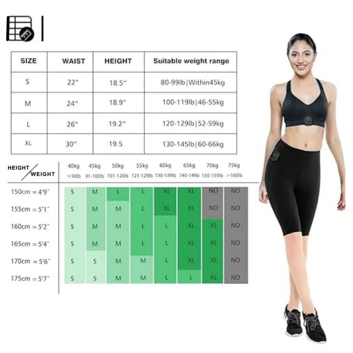 Woman wearing a black athletic outfit with size and weight charts displayed.