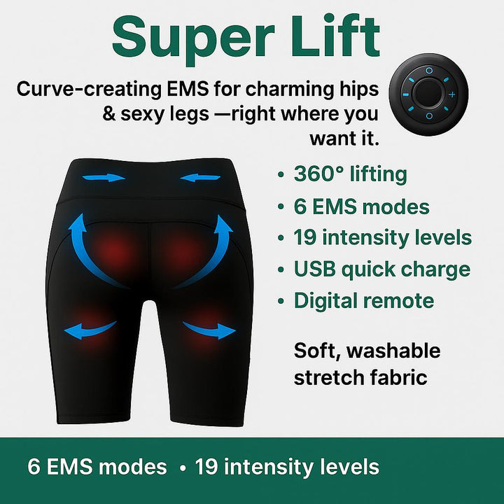 Black EMS shorts with text highlighting features on a white background