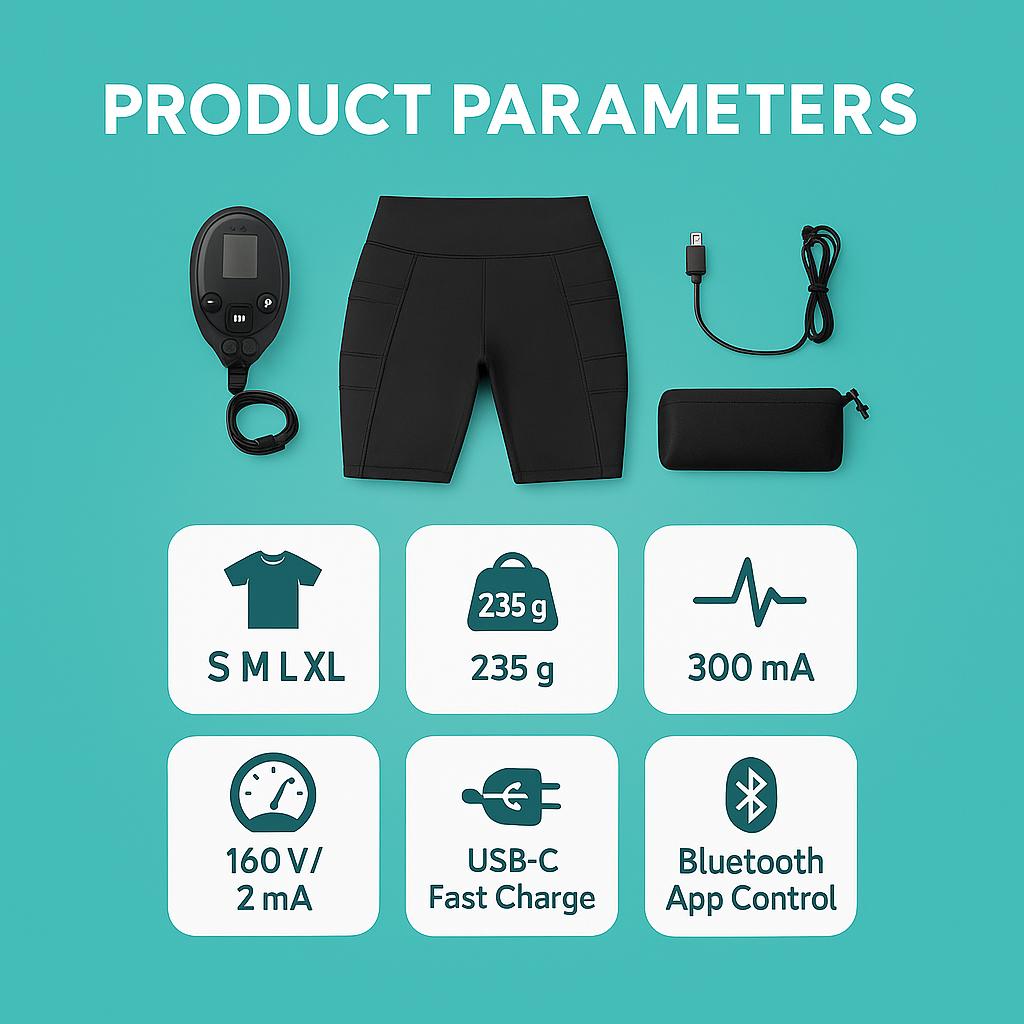 Product parameters displayed on a teal background with icons and text.