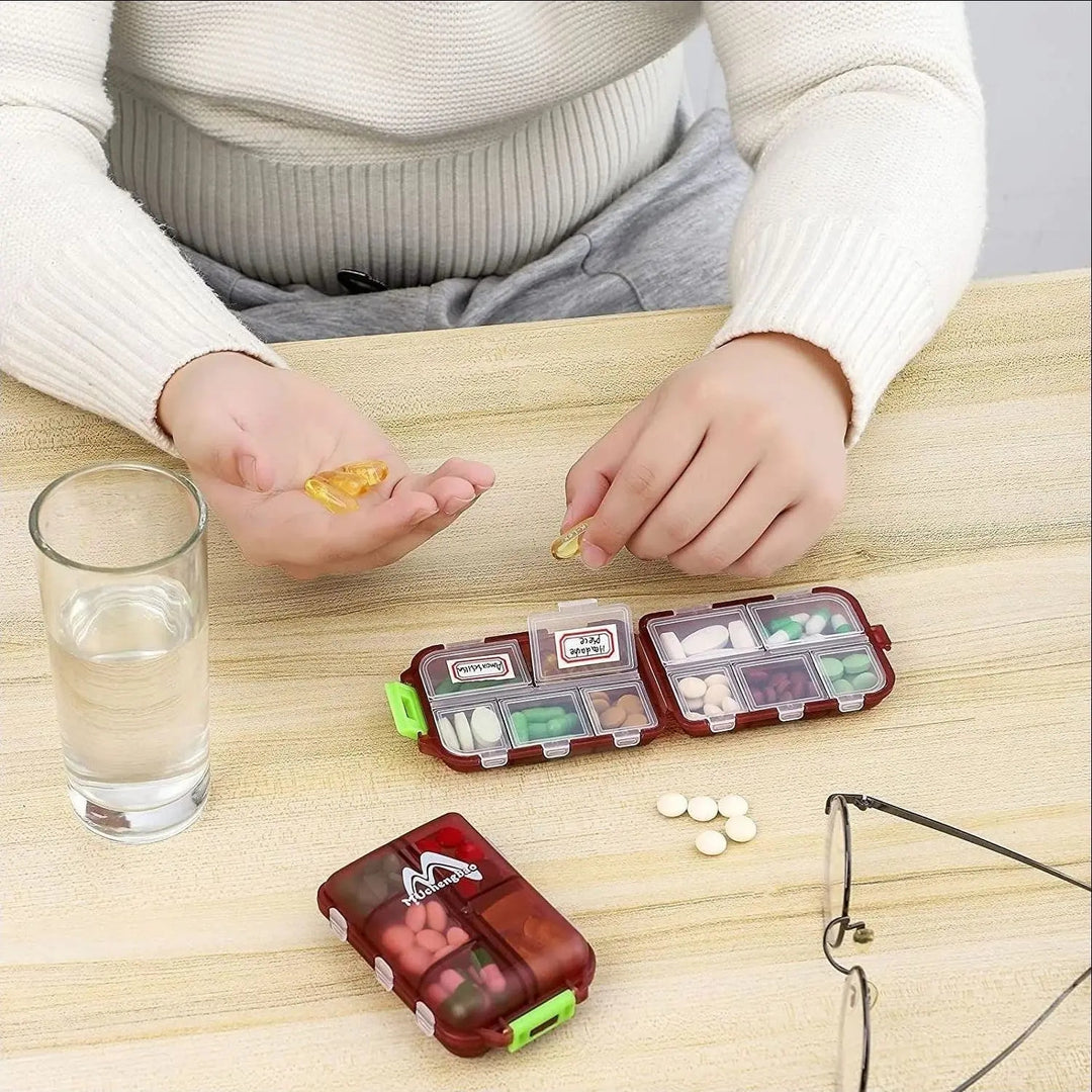 Premium Portable 10-Grid Pill Organizer – Compact Medicine Holder for Vitamins, Fish Oils, and Tablets – Moisture-Proof, Eco
