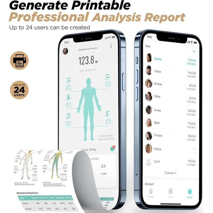 Two smartphones displaying health and fitness app interfaces with text about user creation and report generation.