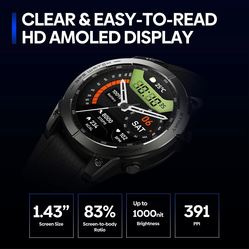 Premium GPS Sports Smartwatch for Men - 1.43” AMOLED, Built-in GPS, 100+ Sports Modes, Health Tracking, 18-Day Battery, 