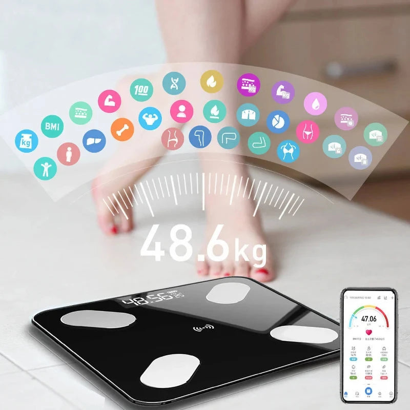 Premium Smart Digital Body Weight Scale – Wireless Fat Analyzer with Smartphone App, Tempered Glass Design, Available in, 