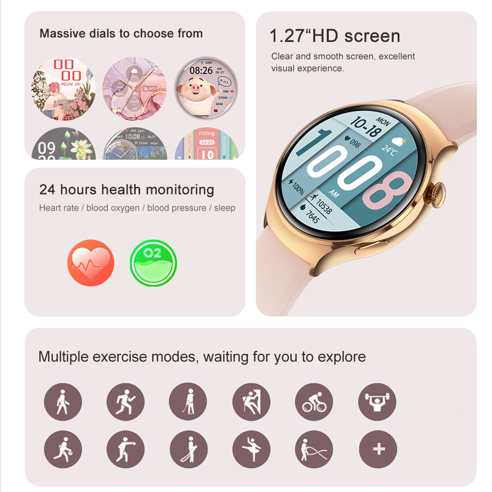 Premium Smartwatch for Women - AMOLED Display, Bluetooth Calling, NFC, GPS, IP68 Waterproof, Multiple Sports Modes, Heart 